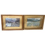 TWO PRINTS OF LADIES IN FIELDS BENEATH MOUNTAIN RANGES, mounted in frames and glazed (2)