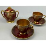 CARLTON WARE ROUGE ROYALE HERON DESIGN TWO COFFEE CUPS AND SAUCERS AND SUGAR BOWL (5) Tallest 11cm