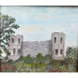 A SMALL WATERCOLOUR ON PAPER OF LEWES CASTLE, signed 'Nellie Broad'. Framed and glazed 13cm x 12cm