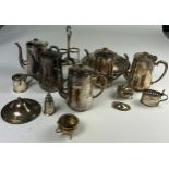 A LARGE COLLECTION OF SILVER PLATED JUGS AND OTHER ITEMS, to include teapots, salt cellars (Qty)