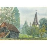 A WATERCOLOUR ON PAPER OF THE VILLAGE OF SHERE IN SURREY, painted 1981. Mounted in a frame and