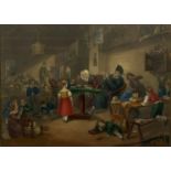 AFTER WILLIAM HOGARTH, an early coloured print featuring a chaotic classroom of children. Mounted in