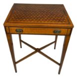 A GEORGE III SATINWOOD WRITING TABLE, parquetry inlaid top with one sliding drawer. Raised on four