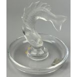 A LALIQUE CRISTAL FRANCE GLASS PIN TRAY WITH FROSTED GLASS MODEL OF A FISH, signed 'Lalique' to base
