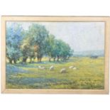 A WATERCOLOUR ON PAPER OF SHEEP IN A FIELD, mounted in a frame and glazed. Signed indistinctly.