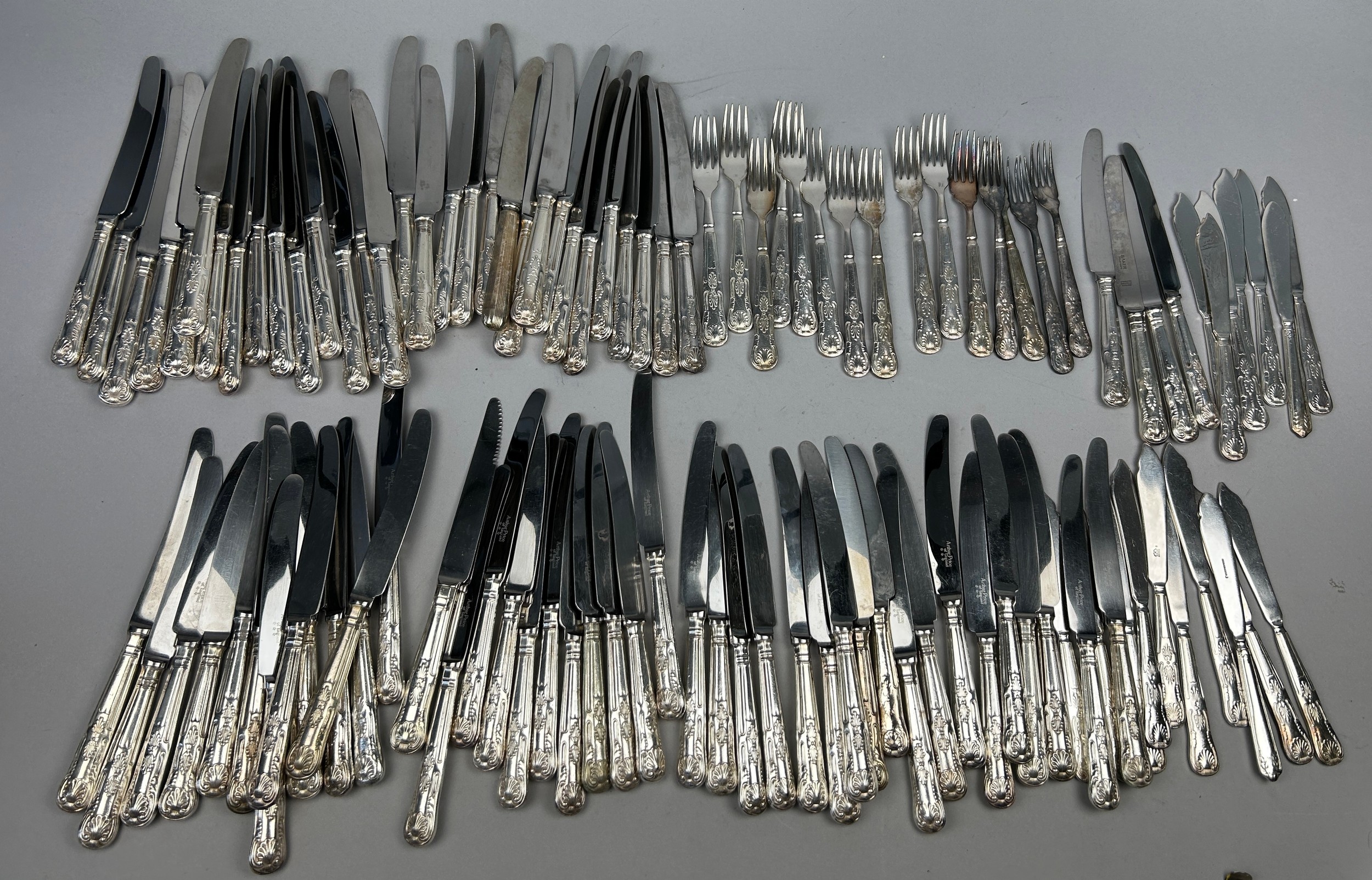 A LARGE COLLECTION OF STAINLESS STEEL AND SILVER PLATED CUTLERY, names to include Arthur Price,