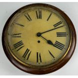 A WALL MOUNTED MAHOGANY CLOCK, with rising glass front and pendulum present