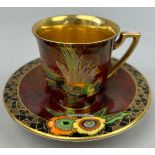 CROWN DEVON BIRD OF PARADISE DESIGN LUSTRE WARE COFFEE CUP AND SAUCER (2) Total 7cm in height
