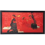 BUI HUU HUNG (VIETNAMENSE B.1957) 'MANDARIN FAMILY' lacquer on wood, mounted in an ebonised frame,