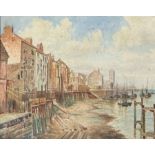 A LARGE WATERCOLOUR OF SAILBOATS IN A HARBOUR, mounted in a frame and glazed. Signed indistinctly