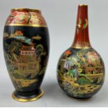 TWO CARLTON WARE VASES BLACK AND GOLD MIKADO DESIGN (2) Tallest 16cm