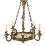 A HEAVY BRASS CHANDELIER WITH FOUR ARMS AND CENTRAL ALABASTER SHADE,