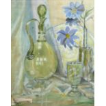 AN OIL ON CANVAS STILL LIFE PAINTING DEPICTING A JUG WITH GLASSES AND FLOWERS 45cm x 35cm