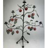 AN UNUSUAL FIVE ARM CANDELABRA IN THE FORM OF A TREE BEARING APPLES AND LEAVES, raised on four