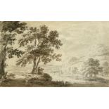 A PENCIL AND WATERCOLOUR SKETCH OF TREES ON A HILLSIDE, Label to verso for Christopher Powney of