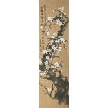 A CHINESE WATERCOLOUR ON SILK DEPICTING BLOSSOM TREES, with calligraphy to left hand side 152cm x