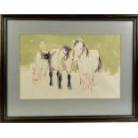 A WATERCOLOUR ON PAPER OF THREE HORSES, by Cornish artist David Newton. Mounted in a frame and