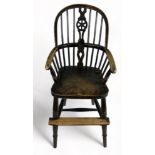 AN EARLY 20TH CENTURY CHILDS CHAIR, ash with spindle back, raised on four legs