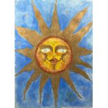 A WATERCOLOUR ON PAPER OF A SMILING AND RADIANT SUN, Mounted in a frame and glazed 77cm x 55cm