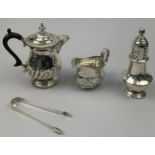 VARIOUS SILVER ITEMS, to include a tea pot, milk pail, sugar shaker and tongs (4) Various