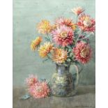 A WATERCOLOUR ON PAPER PAINTING OF CHRYSANTHEMUMS IN A VASE, signed 'Charles E Georges A.R.C.A '