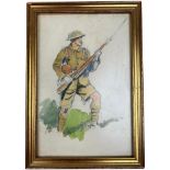 A PENCIL AND WATERCOLOUR ON PAPER OF A BRITISH SOLDIER IN UNIFORM CARRYING A RIFLE, Mounted in a