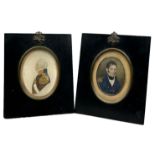 TWO MINIATURE WATERCOLOURS ON PAPER OF MILITARY GENTLEMAN, mounted in ebonised frames with acorn