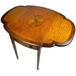 A SHERATON DESIGN MAHOGANY PEMBROKE TABLE CIRCA 1890, with unusual fan shaped drops, satinwood inlay