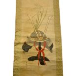 A JAPANESE SCROLL PAINTING ON SILK DEPICTING A KIBUTO HELMET, character seals and calligraphy bottom