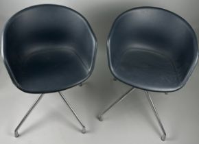 A PAIR OF BLUE DANISH SWIVEL CHAIRS, Each on chrome supports.