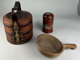 A CHINESE LACQUER AND CANE CULINARY BOX, along with a Qing dynasty wooden pan, and a modern huali