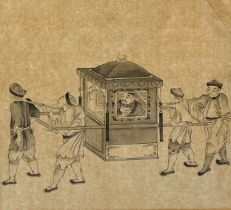 A SET OF THREE CHINESE INK ON PAPER DRAWINGS OF COURT LIFE, possibly Qing dynasty 19th Century The