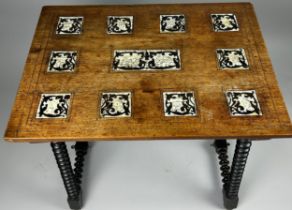 AN 18TH CENTURY SPANISH WALNUT OCCASIONAL TABLE, Ivory and ebony inlay in twelve squares on four