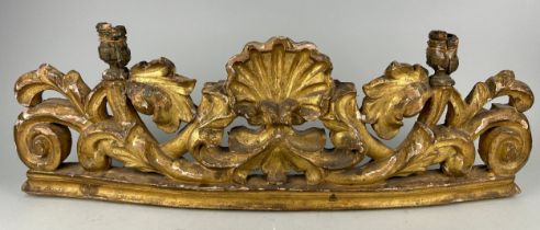 AN 18TH CENTURY FLORENTINE CARVED GILTWOOD CANDELABRA, With leaf scrolls, two candleholders and