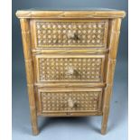 A LIMED WOOD AND CANE BEDSIDE TABLE WITH GLASS TOP 78cm x 50cm x 45cm