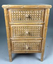 A LIMED WOOD AND CANE BEDSIDE TABLE WITH GLASS TOP 78cm x 50cm x 45cm