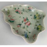 A CHINESE CELADON LOBED LEAF SHAPED DISH DECORATED WITH PINK FLOWERS AND CRICKETS 26cm x 19cm x 6cm