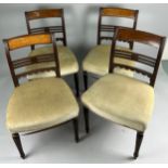 A GEORGIAN SET OF FOUR DINING CHAIRS, With pierced back rail upholstered in green fabric (4) 84cm