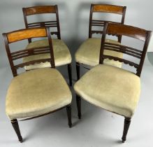 A GEORGIAN SET OF FOUR DINING CHAIRS, With pierced back rail upholstered in green fabric (4) 84cm