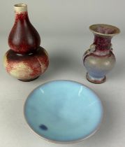 A COLLECTION OF CHINESE JUN WARE, to include a dish, a vase and a double gourd vase (3)