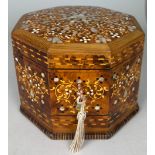 A MARQUETRY INLAID WOOD AND MOTHER OF PEARL OCTAGONAL JEWELLERY BOX