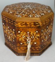 A MARQUETRY INLAID WOOD AND MOTHER OF PEARL OCTAGONAL JEWELLERY BOX