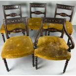 A SET OF FIVE REGENCY NEOCLASSICAL REVIVAL DINING CHAIRS, ebonised and hand painted in orange with