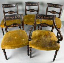 A SET OF FIVE REGENCY NEOCLASSICAL REVIVAL DINING CHAIRS, ebonised and hand painted in orange with