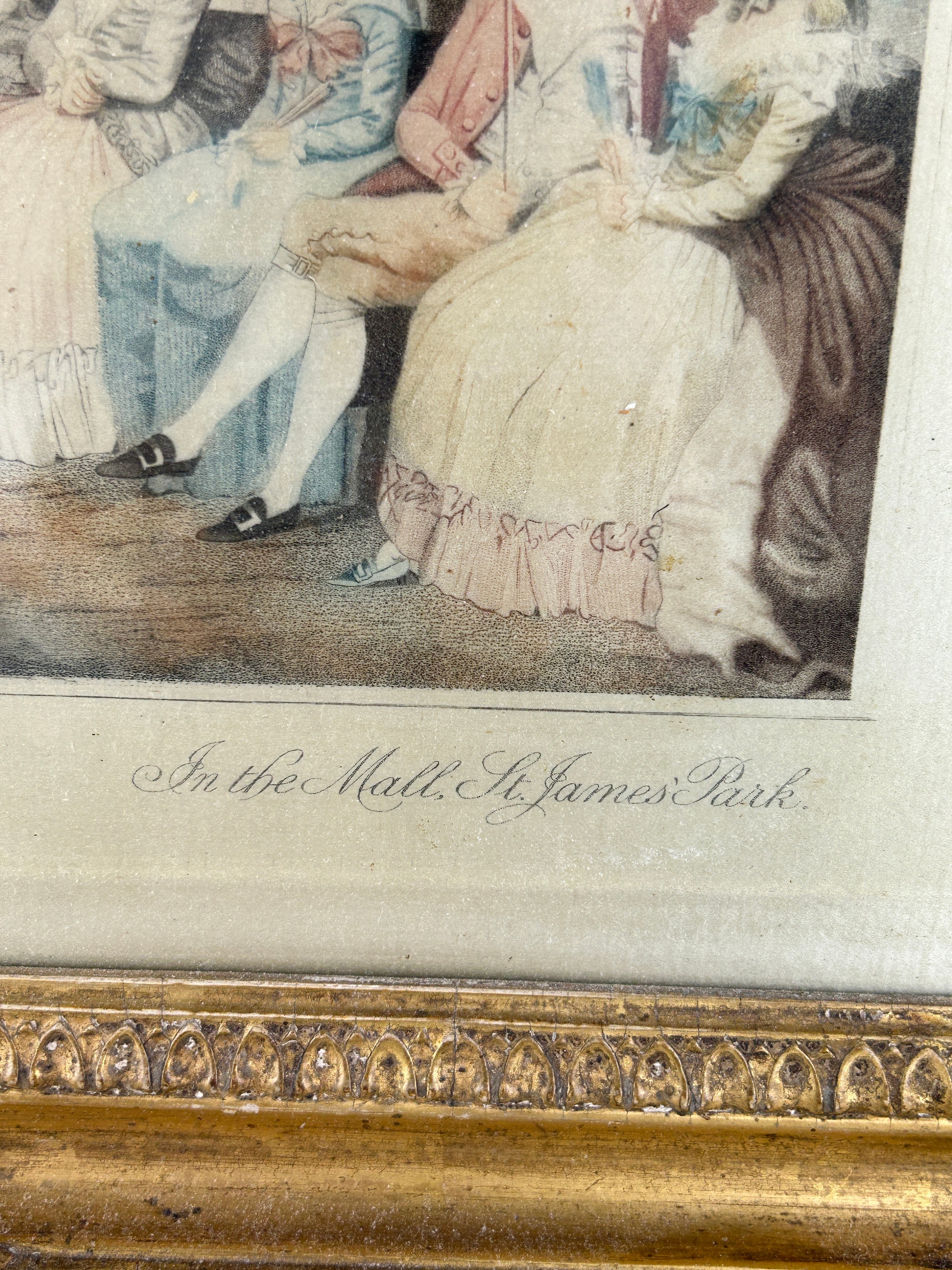 AN EARLY 18TH CENTURY MEZZOTINT 'IN THE MALL, ST JAMES PARK', mounted in a giltwood frame and - Image 3 of 4