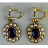 A PAIR OF VICTORIAN 9CT GOLD AMETHYST AND SEED PEARL EARRINGS, Housed in an antique Mappin and