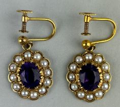 A PAIR OF VICTORIAN 9CT GOLD AMETHYST AND SEED PEARL EARRINGS, Housed in an antique Mappin and