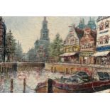 AN OIL ON CANVAS PAINTING OF A PARADE OF SHOPS BESIDE A CANAL, Most probably Amsterdam, Netherlands.