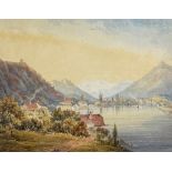 A WATERCOLOUR ON PAPER OF INTERLAKEN SWITZERLAND CIRCA 1840. Mounted in a frame and glazed 24cm x