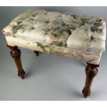A 19TH CENTURY MAHOGANY FOOTSTOOL UPHOLSTERED IN TORN FOLIATE DESIGN FABRIC, 55cm x 45cm x 33cm